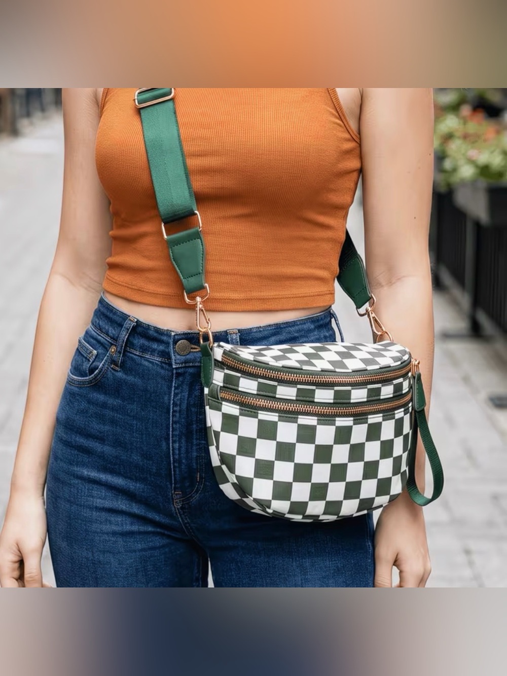 Green & White Check Crossbody Bag new